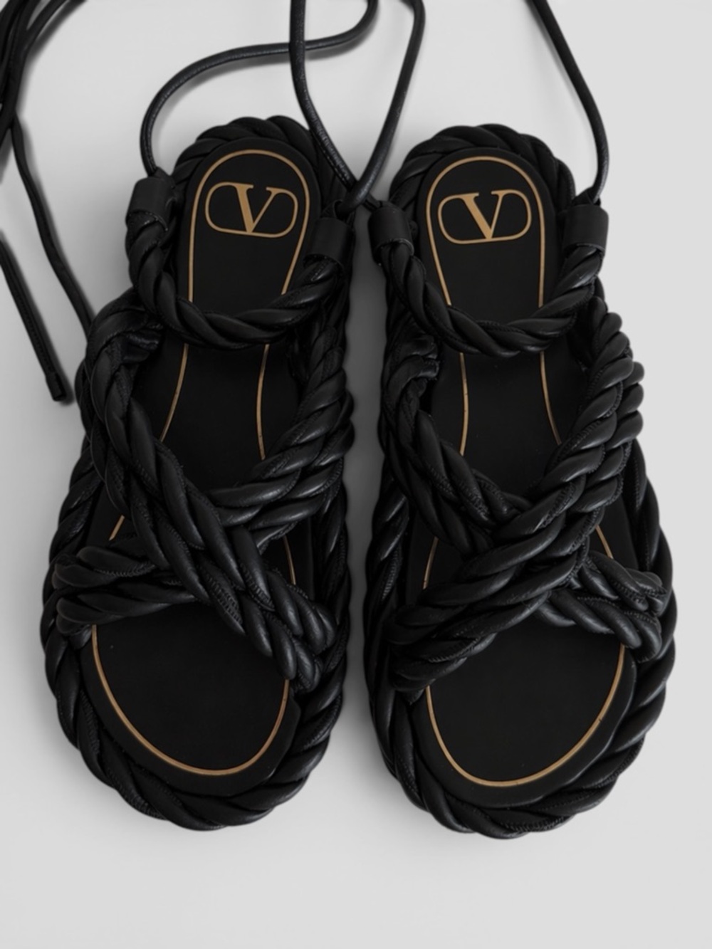 Valentino Black Braided Rope Lace-Up Sandals